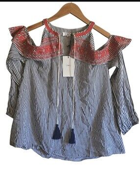 THML Striped Embroidered Cold Shoulder Top
